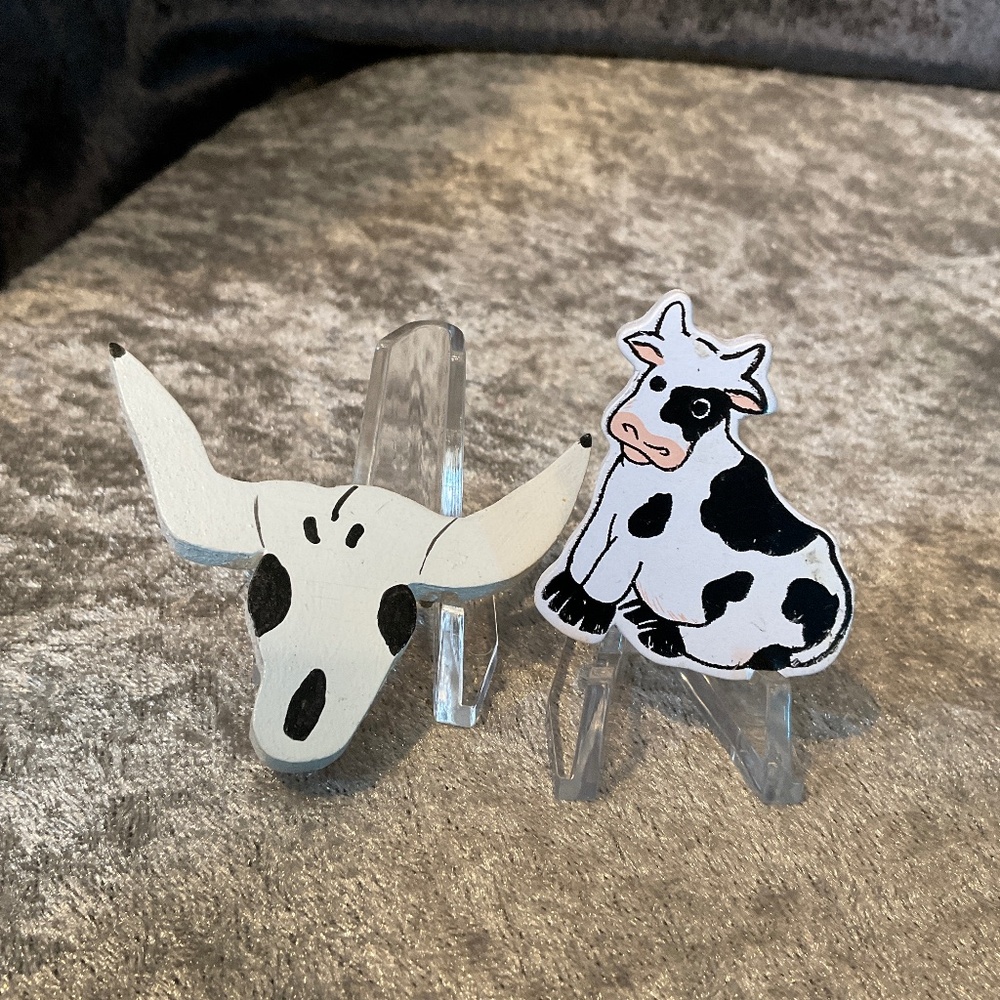 Vintage Set of 2 Black and White Holstein Cow Wood Pins